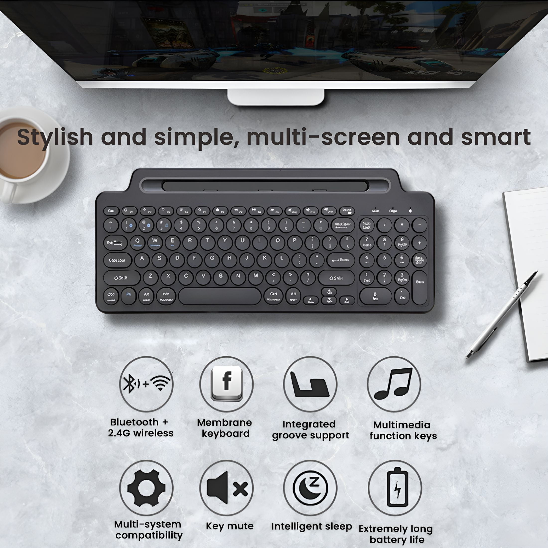 GJX Wireless Bluetooth Keyboard with Tablet/Phone Holder, Compatible with iOS, Android, Windows Tablets , Phone, PC, Laptop (Touchpad)