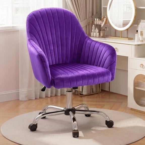 WarmieHomy Office Desk Chair, Velvet Vanity Chair, Comfy Home Office Computer Task Chair, Height Adjustable Rolling Chair with Thick Padded Seat, Purple