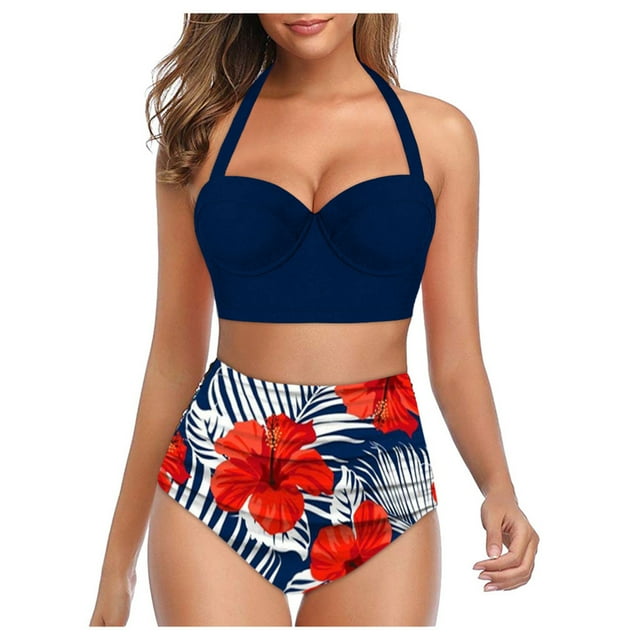 Mujeres Estampado floral Cintura alta Crop Tops + Shorts Traje de baño de dos piezas HalterBeachwear OAVQHLG3B Store lin121212