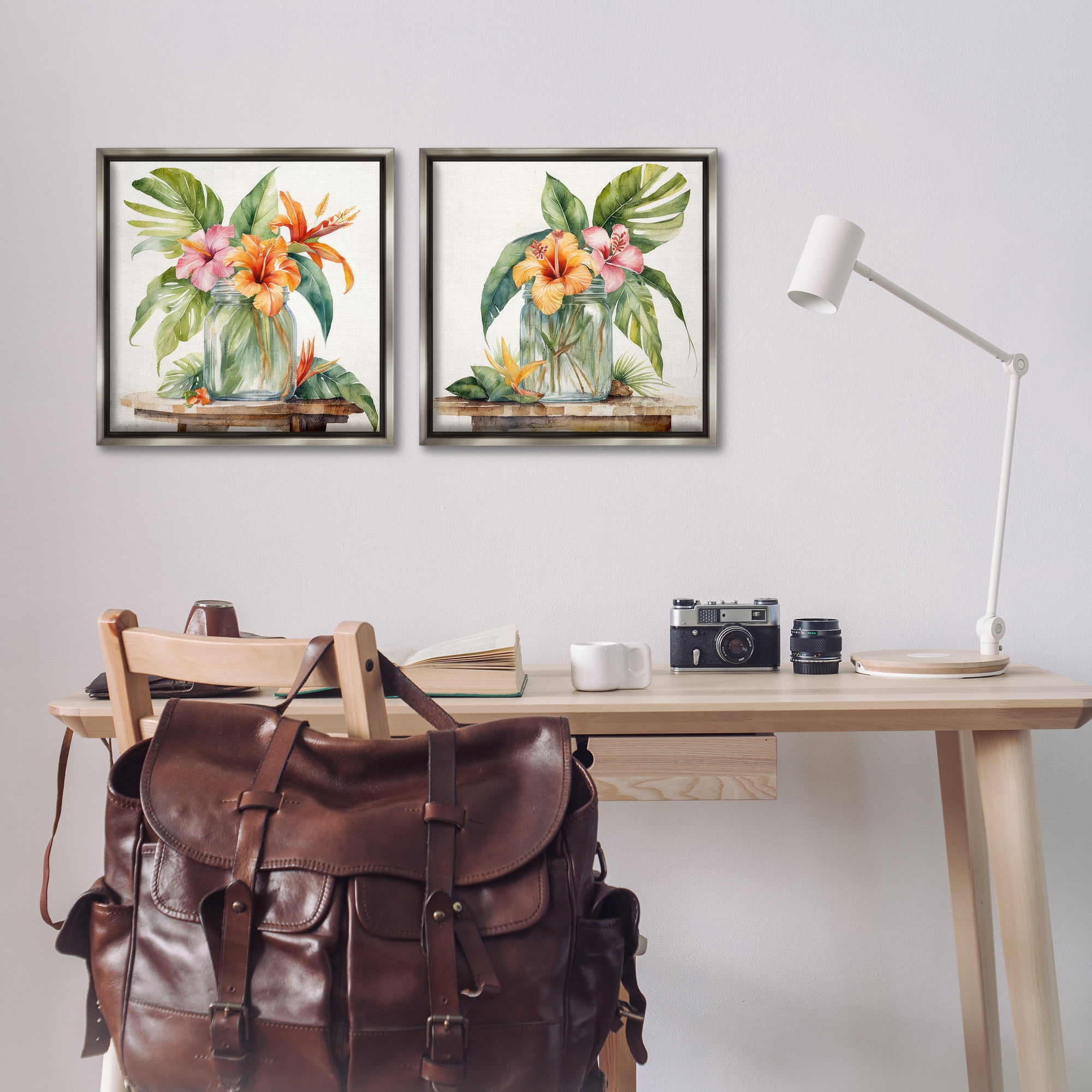 Stupell Industries Tropical Hibiscus Floral Jar Plants & Flowers Painting Gray Floater Framed Canvas Art Print Wall Art, 18 x 18, Set of 2