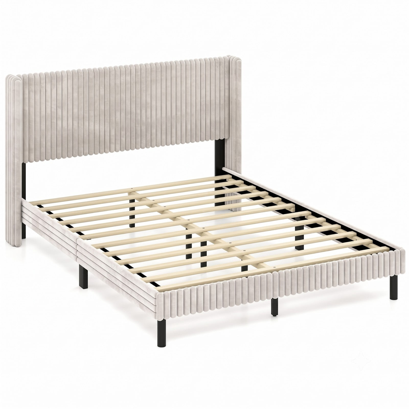 Furnibear Queen Bed Frame with Headboard, Velvet Upholstered Platform Bed with Vertical Channel Tufted Wingback Headboard, White