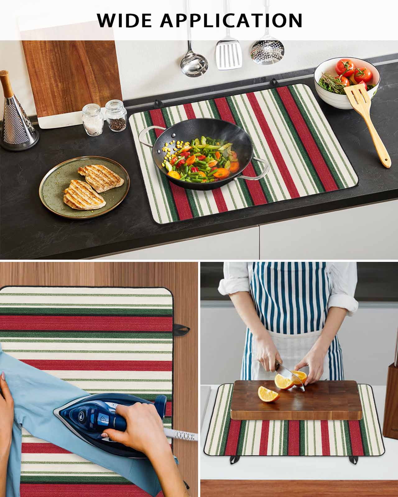 Large Induction Cooktop Protector Mat Christmas Stove Top Covers for Electric Stove, Green Red Beige Striped Farmhouse Lines Decorative Stove Burner Cover Mats, Glass Top Stove Cover