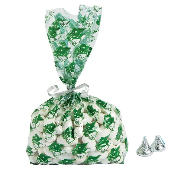 Green Graduation Cellophane Bags - Party Supplies - 12 Pieces