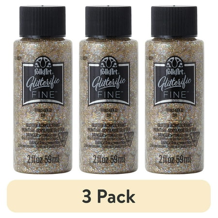 (3 pack) FolkArt Glitterific Fine Acrylic Craft Paint, Gold, 2 fl oz