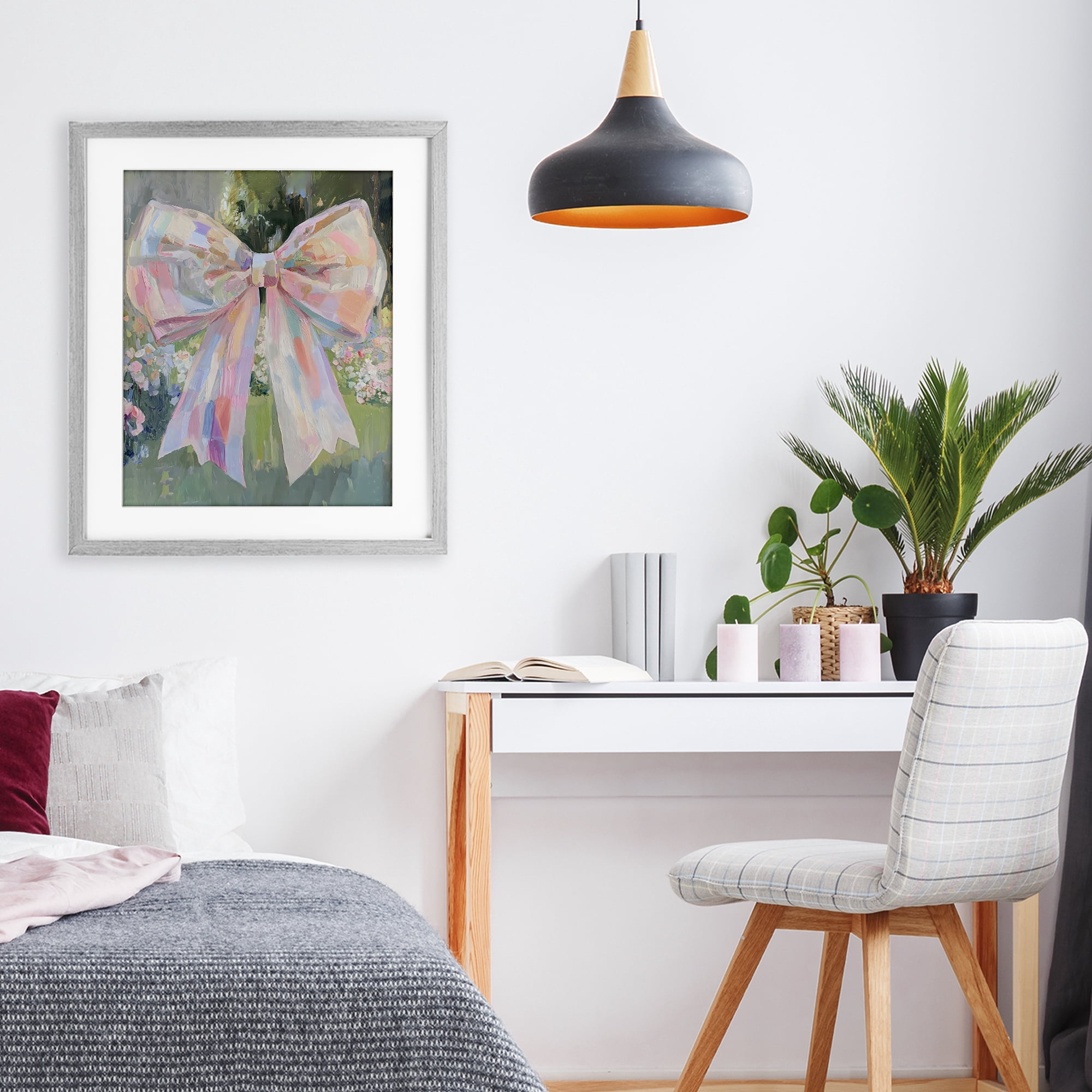 Stupell Industries Iridescent Pink Bow in Garden Gray Framed Print Under Glass, design by The Prints Vibe