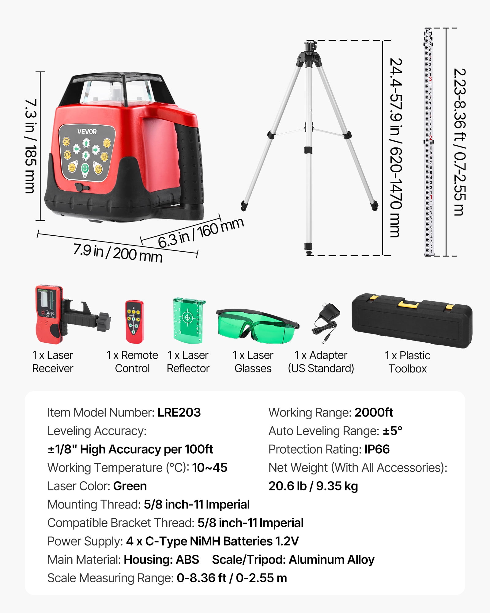 VEVOR Rotary Laser Level Kit, 2000ft 360-Degree Self Leveling Green Horizontal Laser Transit,with Tripod,Receiver,Remote Control,Scale, Toolcase,IP66 Rating Waterproof,0.80in/100ft for Construction