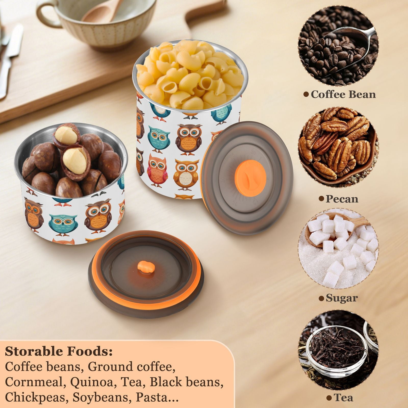 Owl Prints Cartoon Airtight Coffee Bean Canister 30oz Food Storage Containers with Lids For Gournd, Tea, Sugar, Flour, Rice, Cereal, Candy Cookie Jar