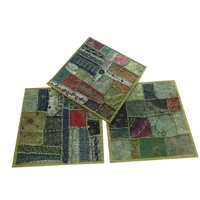 Mogul Set Of 3 Beautiful Indian Handmade Cushion Covers Vintage Green Patchwork Decorative Pillow Case 16X16