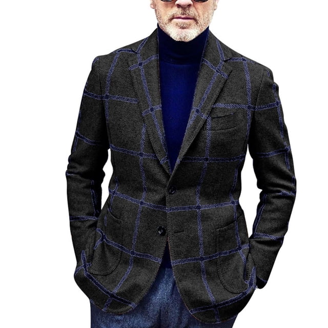 Chaqueta de traje a cuadros para hombre, corte entallado, cuello de solapa, botón, abrigo de traje para hombre, trajes casuales para oficina de negocios, negro L