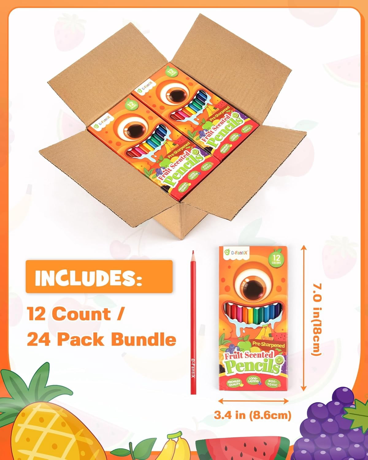 D-FantiX 24 Pack Fruit Scented Colored Pencils Bulk, 288 Count Pre-Sharpened Coloring Pencils Sets