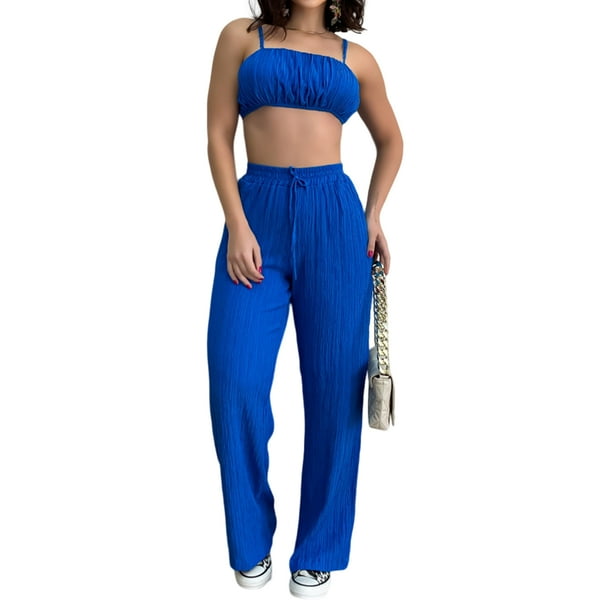 Conjunto De Pantalón Y Top Con Tirantes Pantalones con tirantes para mujer, tops cortos y pantalones largos sexis con pliegues (azul L) Ygjytge para Mujer Azul T M