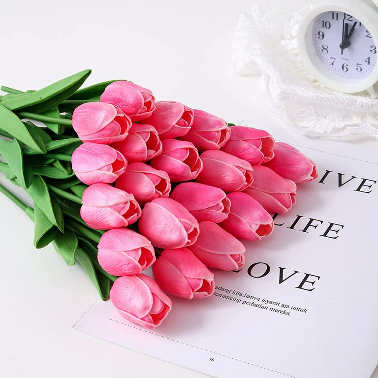 Kisflower 30Pcs Latex Tulips Real Touch Pink Artificial Flowers Fake Tulips  Arrangement Bouquet for Home Office Wedding Decor (Pink)