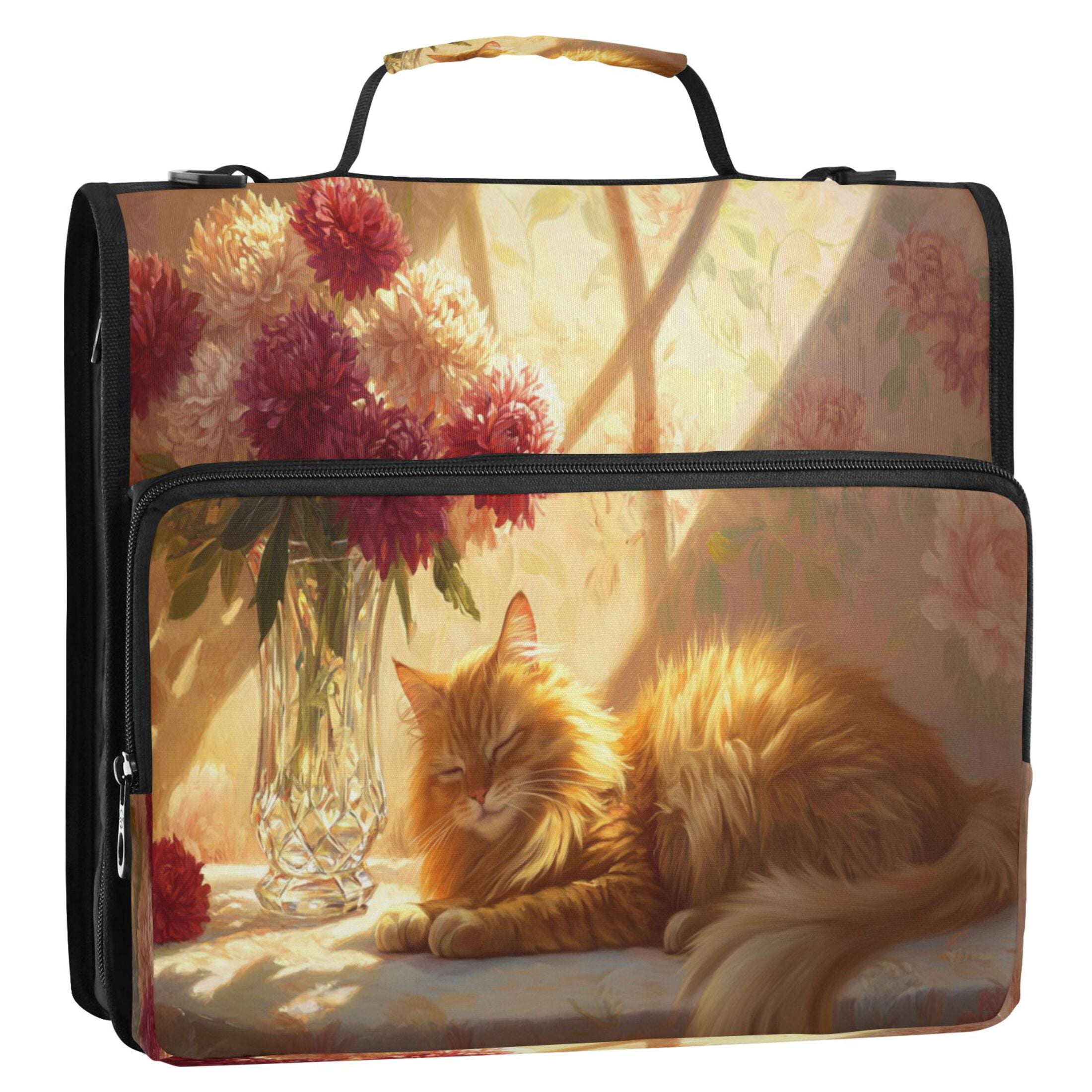 YAZAOO Zipper Binder trapper keeper Documents Organized Design Sleeping Cat Flowers Sunlight Printed