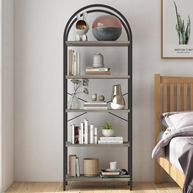 BeesClover Tall 5-Shelf Bookcase, Arched Display Rack with Metal Frame, Spacious Black Bookshelf for Bedroom or Living Room Storage