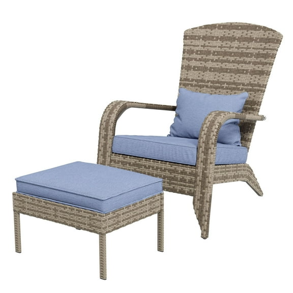 Rattan Adirondack Chair Set with Ottoman - Outdoor Patio Furniture, Cushioned Wicker Lounger, Wide Armrests, Mixed Yellow/Gray