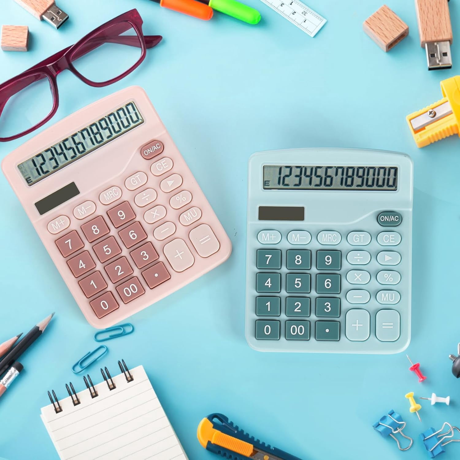 4 Pack Handheld Desktop Calculators, Solar Battery Dual Power Basic Calculator 12 Digit Large Display, Standard Functional Desk Big Sensitive Button for Office Home School Pink Blue