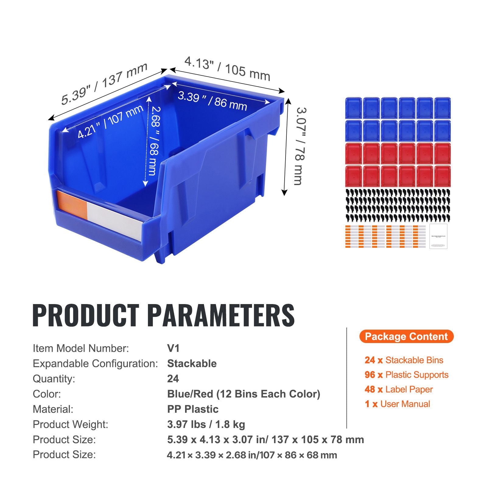 Stackable Storage Bins 5.39x4.13x3.07 Inch PP Plastic with Labels for Office Kitchen Garage Organization