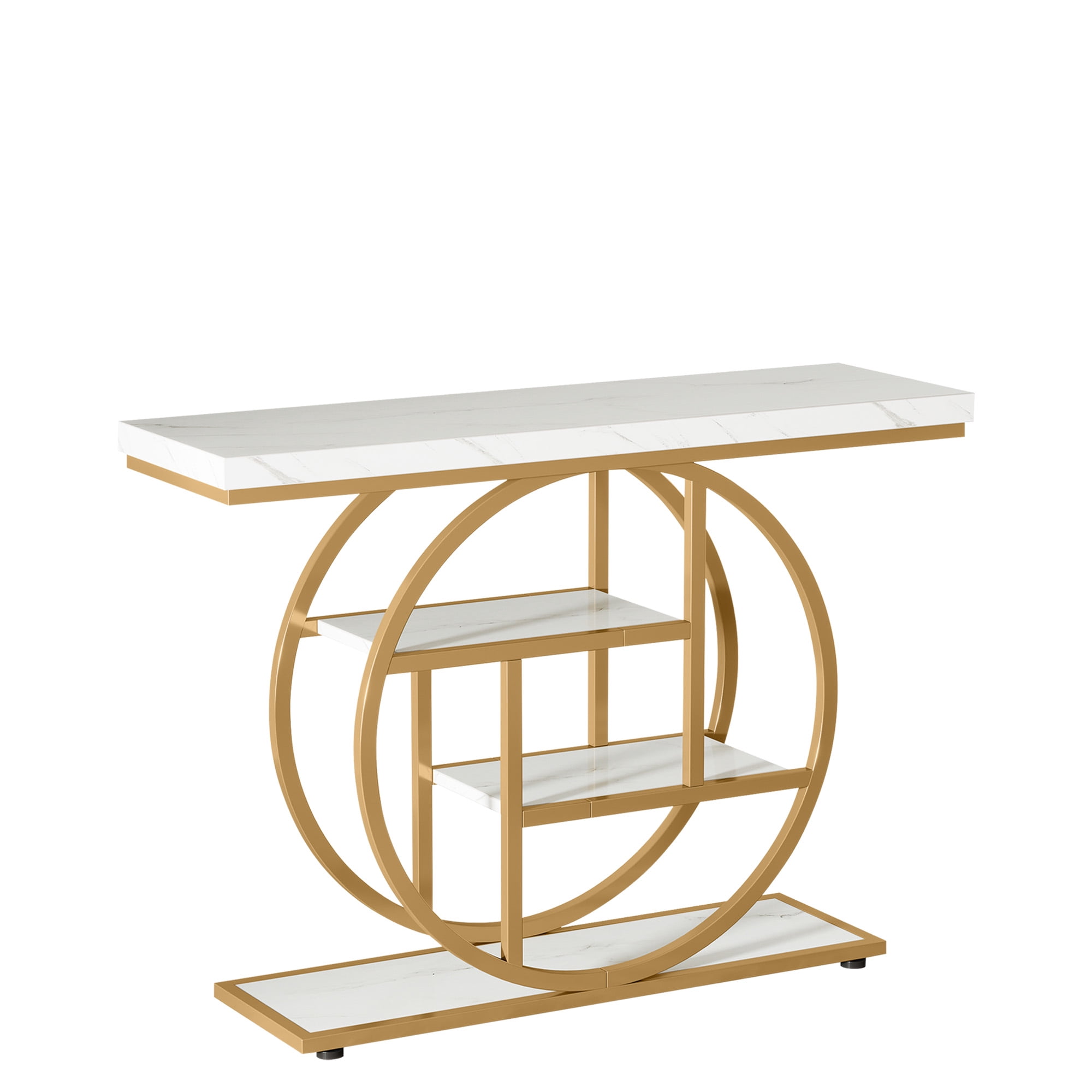 MAYEERTY 41.3" Industrial 4-Tier Console Table, Wood Shelves Round Circle Metal Base Entryway Sofa Table with Adjustable Anti-Wobble Foot Pads