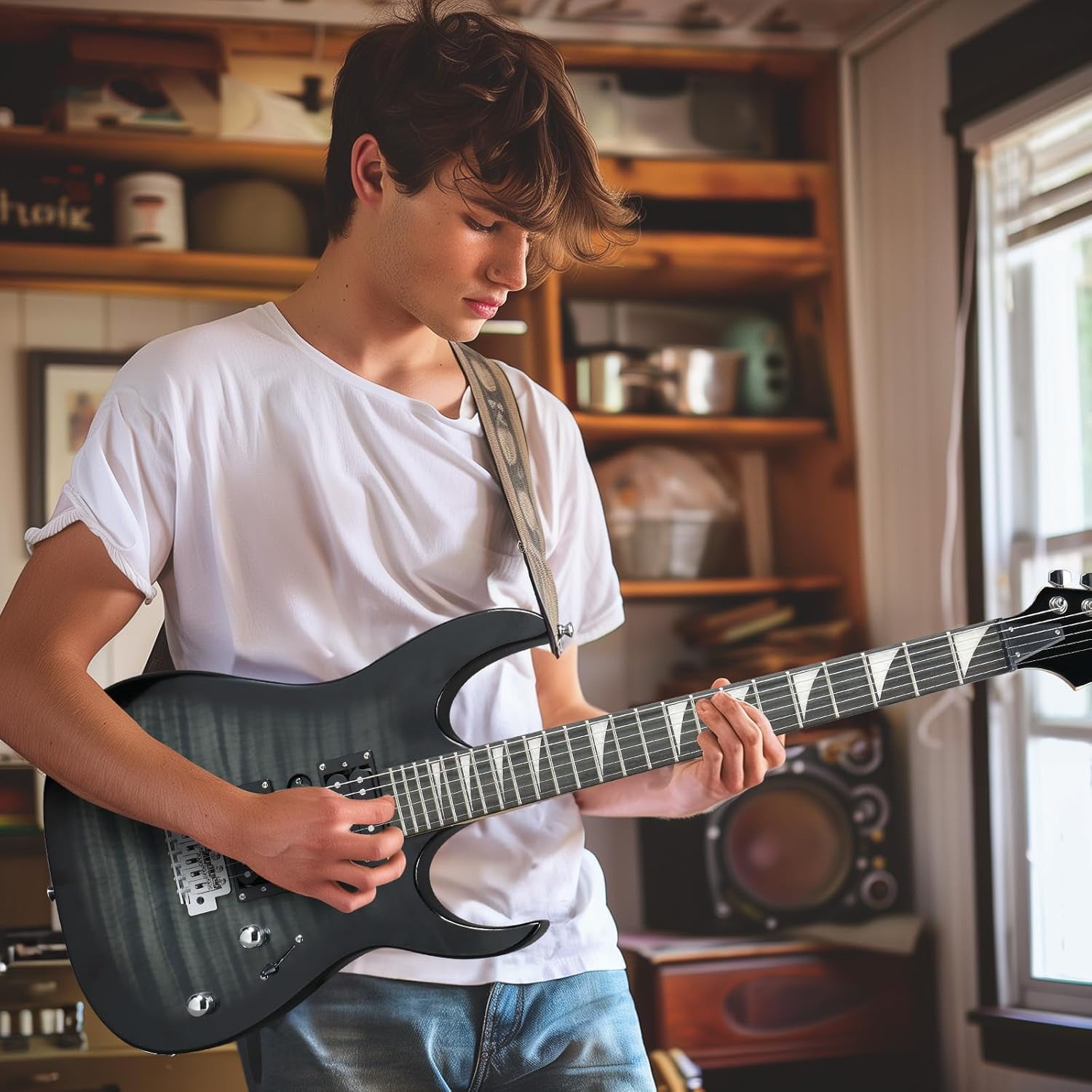 HarmonyStrings 39" Electric Guitar with 20Watt Amp, Full Size 170 Model Starter Guitar Kit for Beginners & Professionals W/Bag, Strap, Upgrade Cable, Guitar Capo, Tremolo Arm Tiger Black