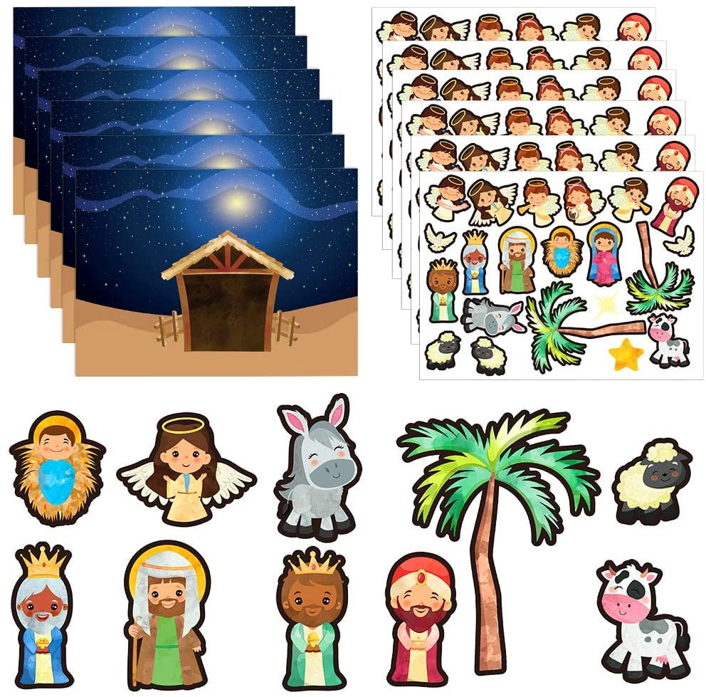 WaaHome Nativity Stickers,24 Sheets Make a Nativity Scene Sticker,Funny Christmas Crafts for Religious Party Favor Nativity Scene Party Game for Kids