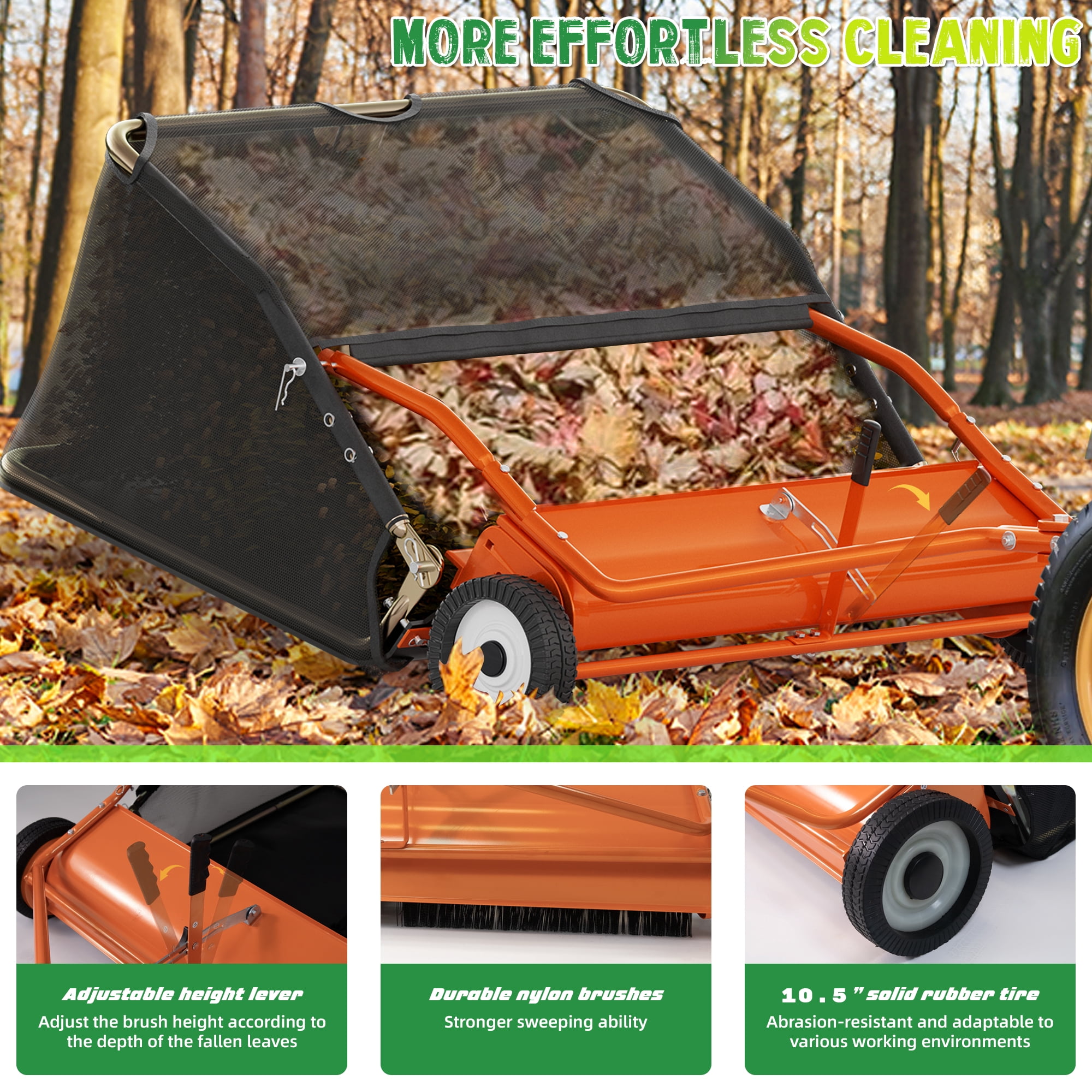42" Tow-Behind Lawn Sweeper, 18.55 Cu.Ft Large Hopper Leaf & Grass Collector, Adjustable Brush Height, Easy Dumping Rope, Heavy Duty Yard Cleanup Tool for Lawn Tractor ATV