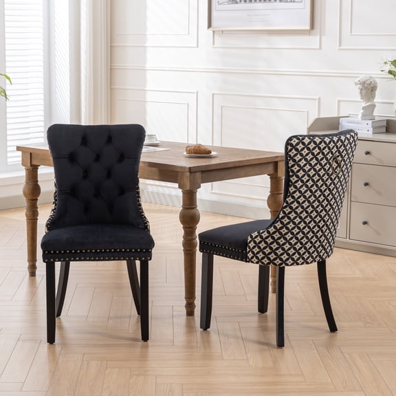 GOMYHOME Velvet Dining Chair, Dual-Fabric Black & Patterned, Tufted Solid Wood, Set of 2