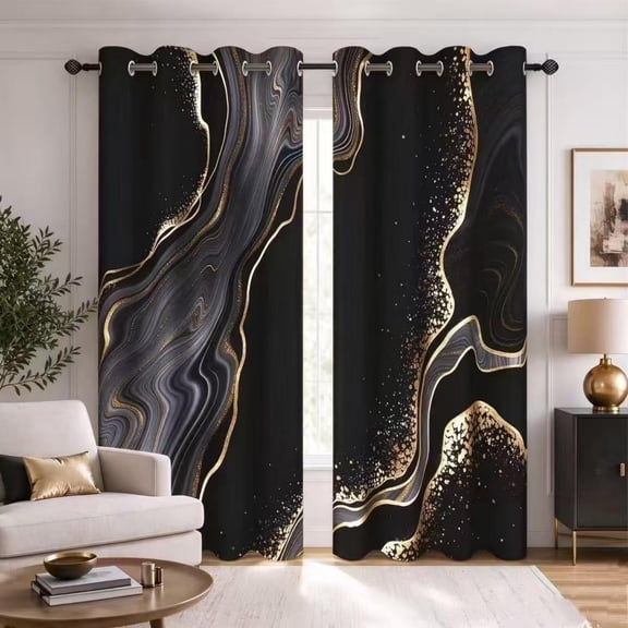 Dashan Black Gold Marble Blackout Window Curtain for Living Room,Thermal Insulated Curtains,52x84 Inch,Set of 2