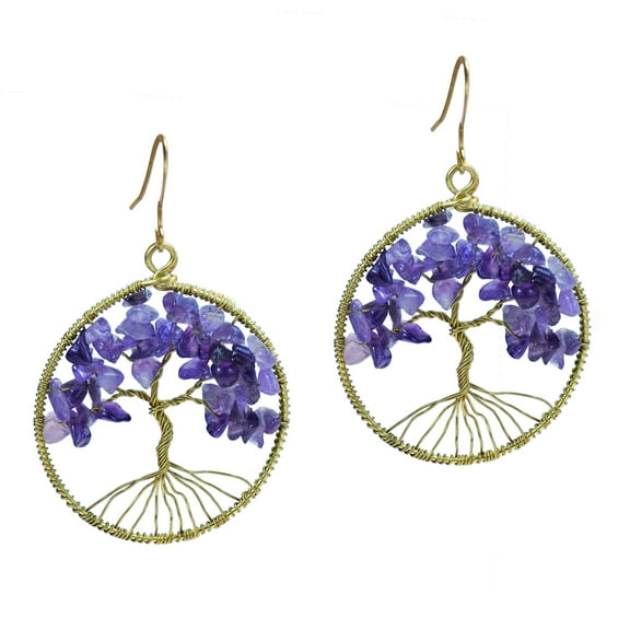 AeraVida Minimalist Tree of Life Amethyst Faith Symbol and Healing Chakra in Brass Dangle Earrings, 40x60mm