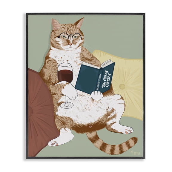 Stupell Industries Traditional Cat Reading with Wine Black Framed Giclee Art, 11 x 14, by Tara Royle