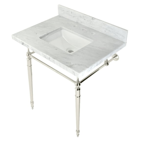Kingston Brass KVPB3022M8SQ6 Edwardian 30" Carrara Marble Console Sink with Brass Legs (8-Inch, 3-Hole), Carrara Marble White/Polished Nickel