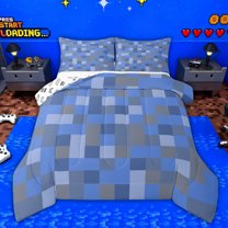 Castle Fairy Pixel Grid Miners Queen Comforter Set,Grey Blue Plaid Bedding Comforter Set