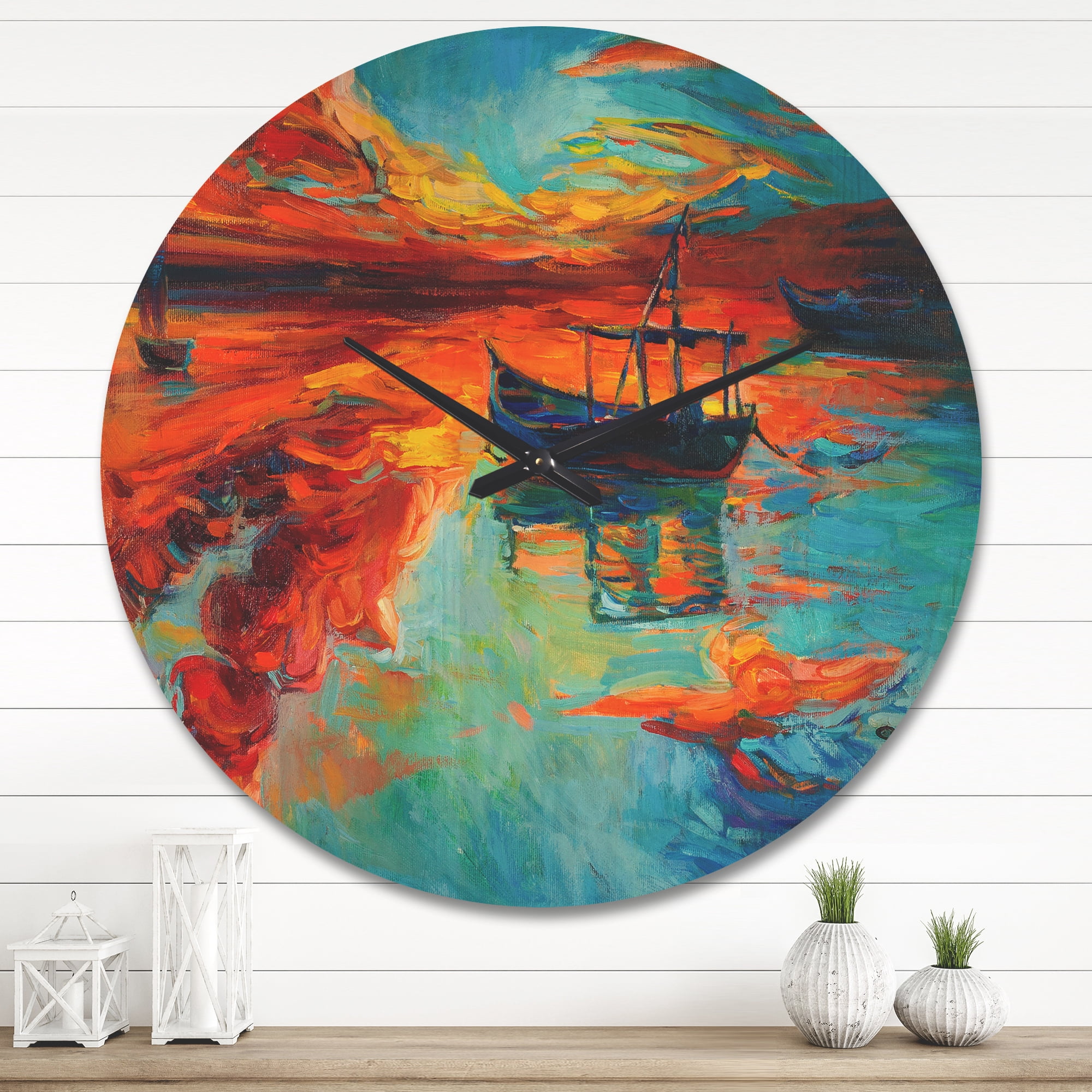 Designart 'Fishing Sailing Boat at Red Sunset Glow' Modern Wood Wall Clock