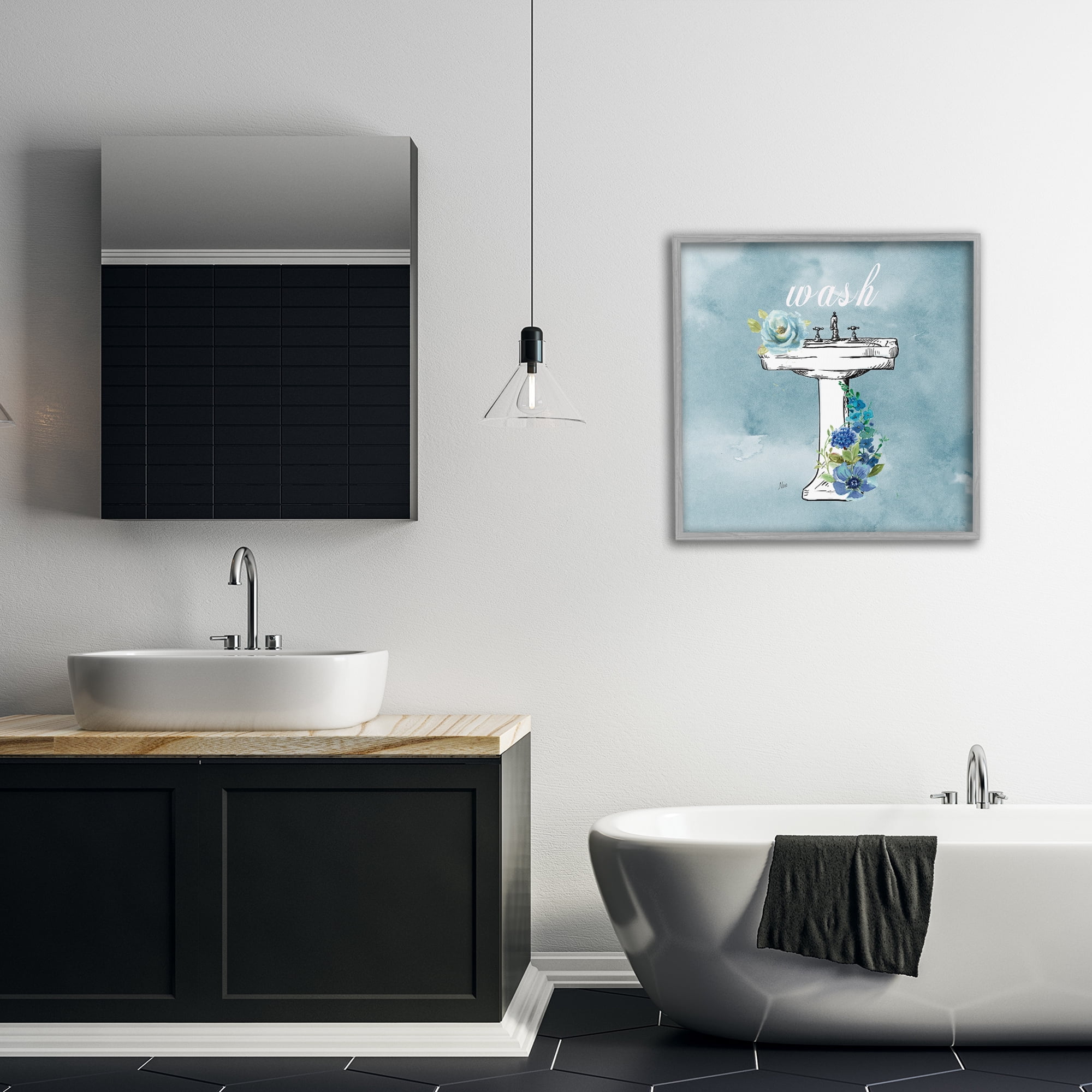 Stupell Industries Floral Bathroom Rules Wash Gray Framed Giclee Art, design by Nan