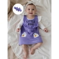 thumbnail image 4 of Loicainy Infant Baby Girl Halloween Clothes Set 3 6 12 18 Months Solid Long Sleeve Romper Ghost Embroidery Overall Dress Headband 3 Pcs Outfits, 4 of 9