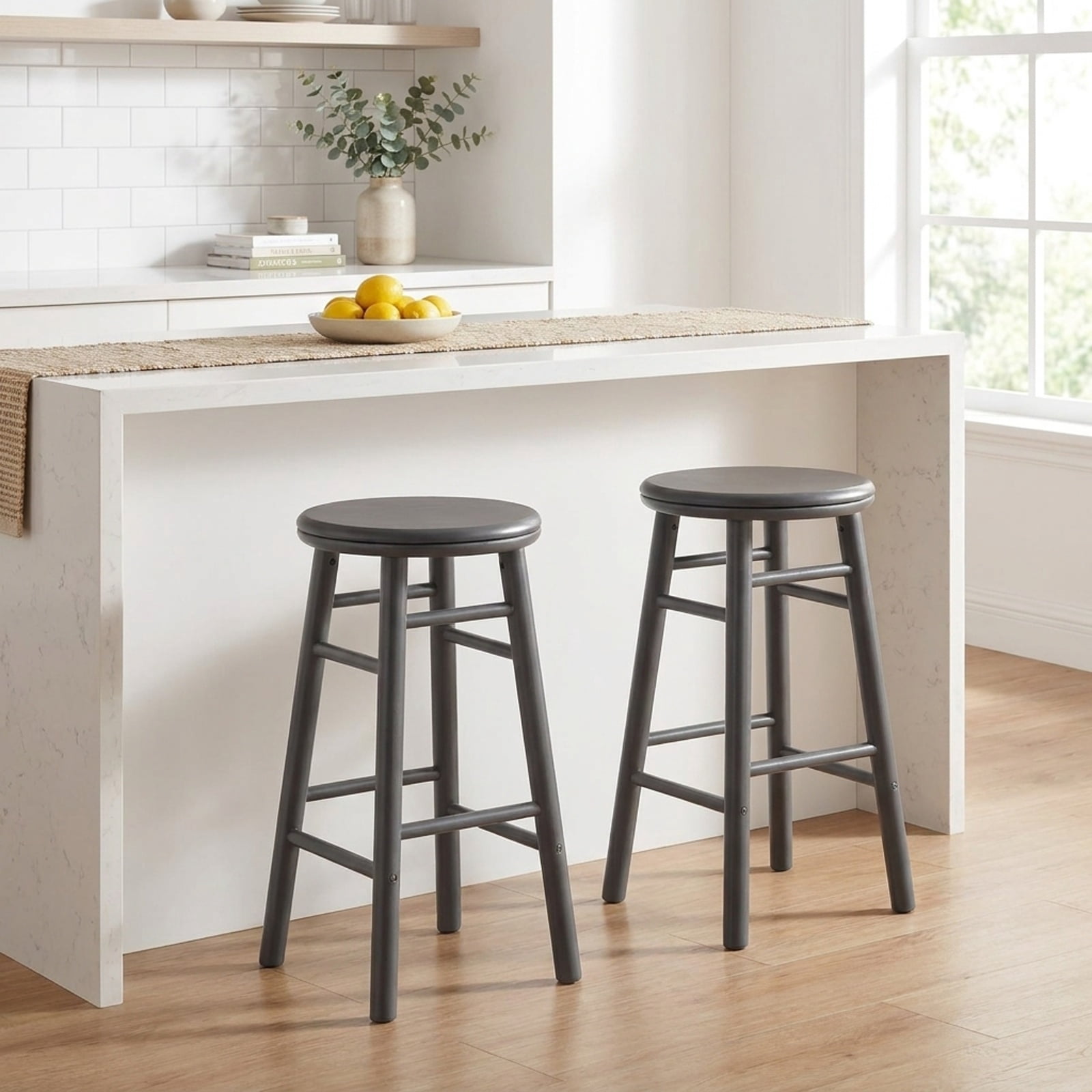 Furnibear 24 Inch Gray Swivel Bar Stools Set of 2 Rubber Wood Counter Chairs with Footrests and Crossbars