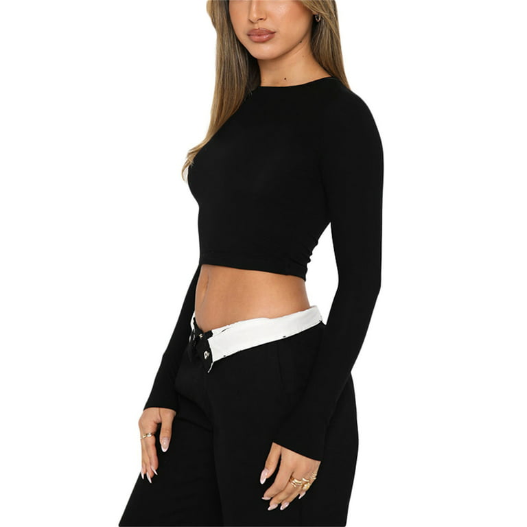 Basic Pullover Shirt Sleeve Cropped Women Tees Slim Neck Black wybzd Fit Top Streetwear Tight Solid Long Crop Casual Crew T S