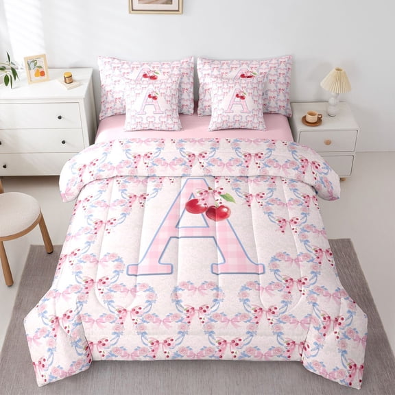 Manfei Pink Bow Flowers. 7-Piece Twin Bedding,Girls Personalized Letter A Bedding Comforter Set,Pink Reversible