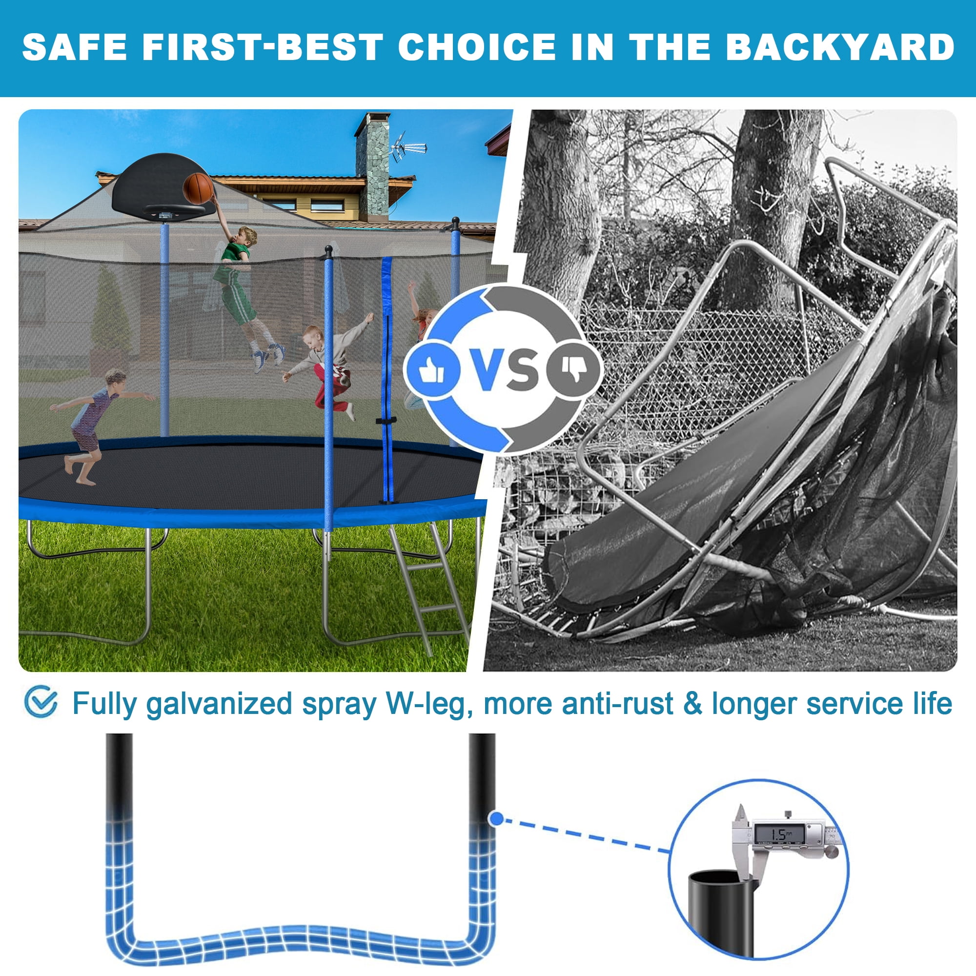 Aukfa 14FT Trampoline with Enclosure Net for Kids Adults, Outdoor Trampoline with Basketball Hoop for Backyard, Blue