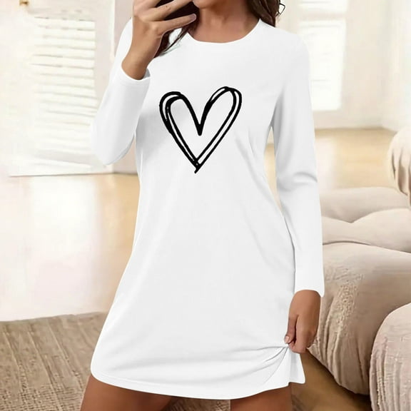 Caywon Women's Crew Neck Long Sleeve Short Nightgown Chest Heart Print Loose Fit Sleep Dress Cute Comfortable Nightwear for Bedroom Home Use