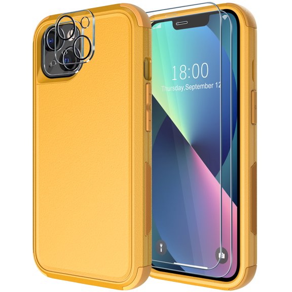 Diverbox for iPhone 13 Case [Shockproof] [Dropproof] [Tempered Glass Screen Protector + Camera Lens Protector],Heavy Duty Protection Phone Case Cover for Apple iPhone 13 (Yellow)