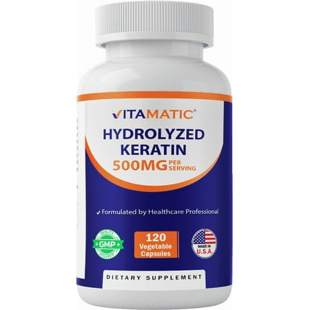 Vitamatic Hydrolyzed Keratin 500mg per Serving - 120 Vegetarian Capsules - Keratin Supplements for Healthy Hair Skin & Nails for Adults