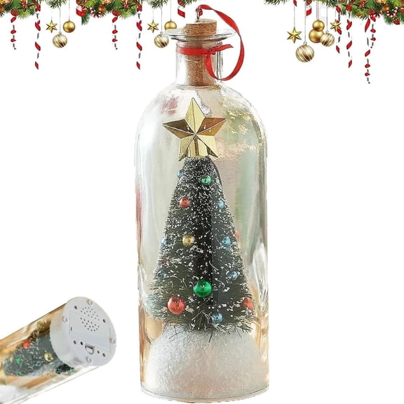 Recordable Christmas Tree In A Bottle,Message In A Bottle Decorations,Voice Recording Christmas Ornaments With Snowy Mini Trees,Christmas Keepsake Glass Holiday Decoration for Mantel 7.8 Inch