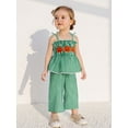 thumbnail image 6 of Loicainy Baby Toddler Kids Girl Halloween Outfit 6 9 12 18 24 Months 2T 3T 4T 5T Pumpkin Embroidery Smocked Tie-up Spaghetti Strap Tops Solid Wide Leg Pants Clothes Set, 6 of 9