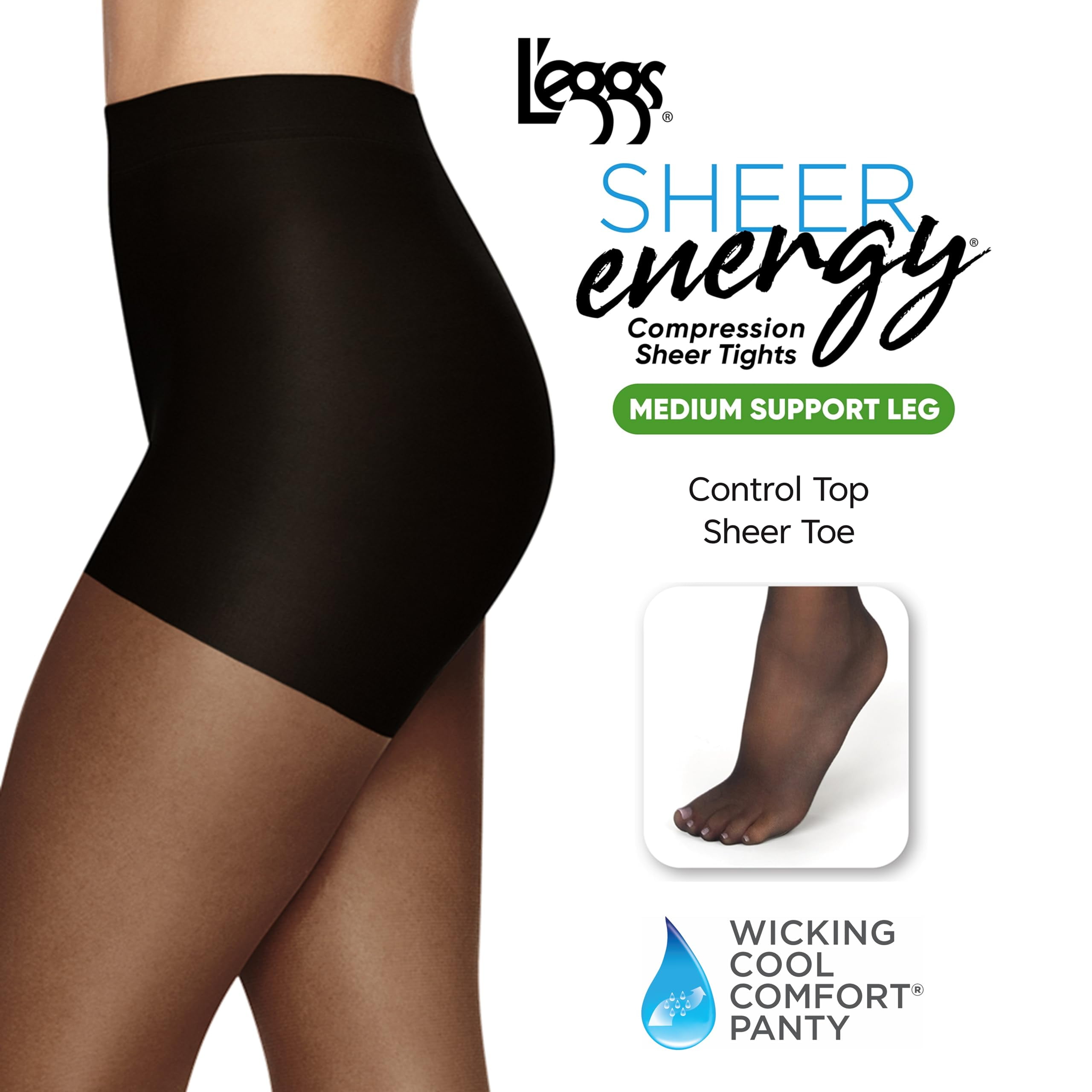 L'Eggs Sheer Energy Medium Support Leg Control Top Wicking Sheer Toe Pantyhose