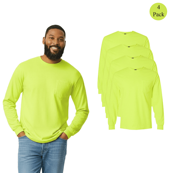 Gildan Hi-Viz Safety Green Pocket T-Shirt, Men's 4 Pack Crewneck Long Sleeve Workwear, S