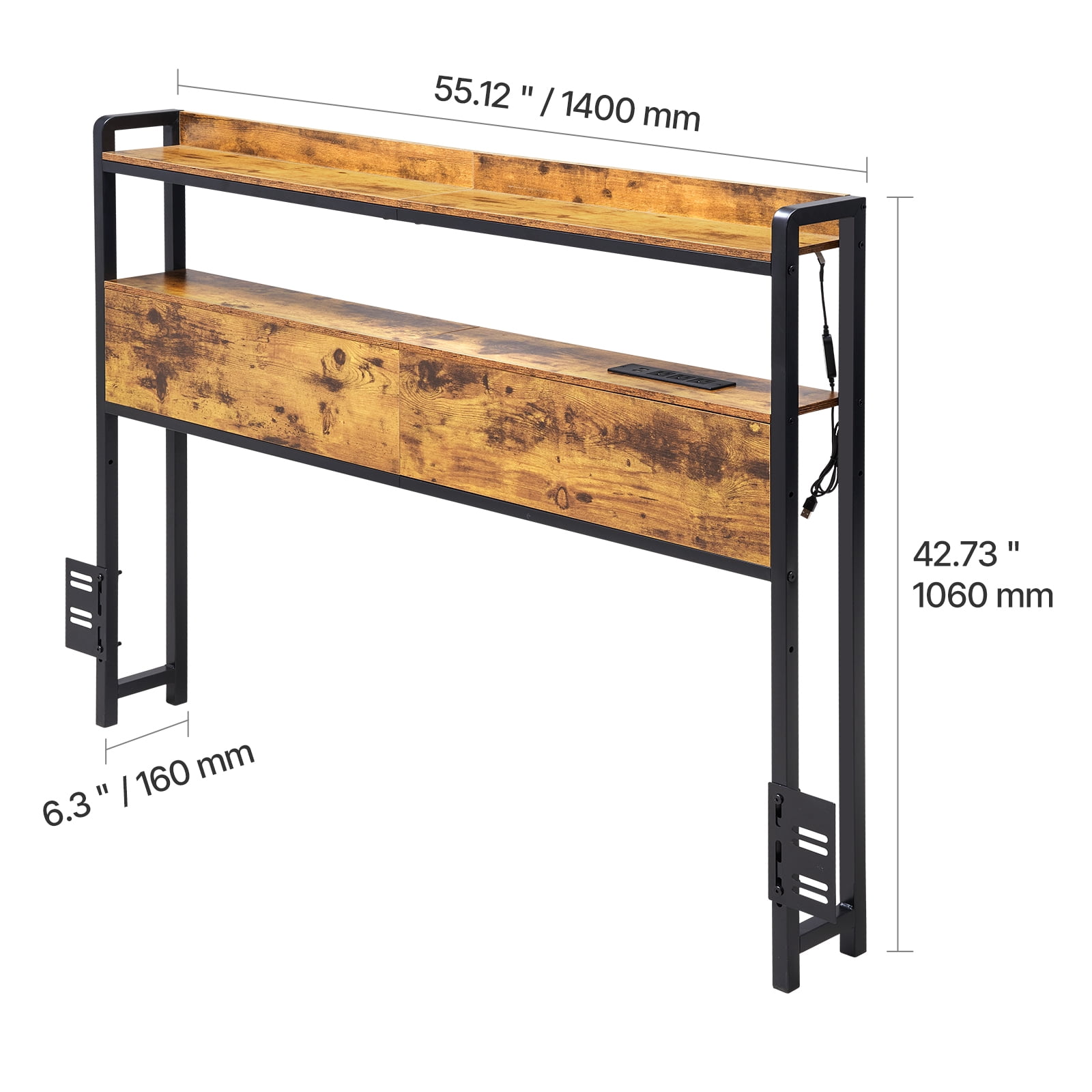 VEVOR Headboard for Full Size Bed, Adjustable Height Headboard with 2 Shelves Storage, Freestanding Head Board with Charging Station and LED Light for Different Bed Frames, Easy Assembly, Brown
