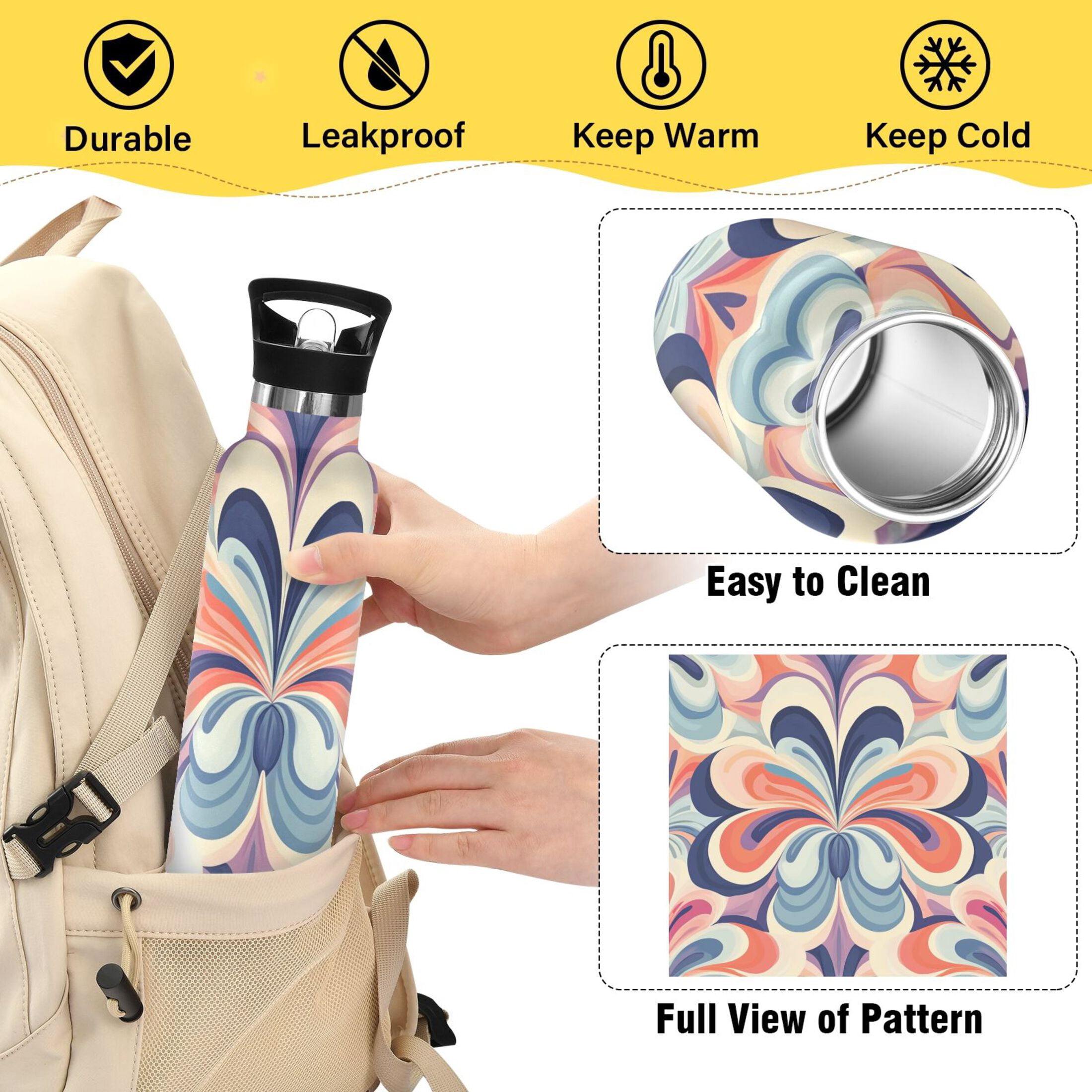 600ML Stainless Steel Insulated Cup Sports Water Bottle Portable Thermos Cup Water Glasses Insulated Tumblers Convenient and Durable Blue Flower Pattern