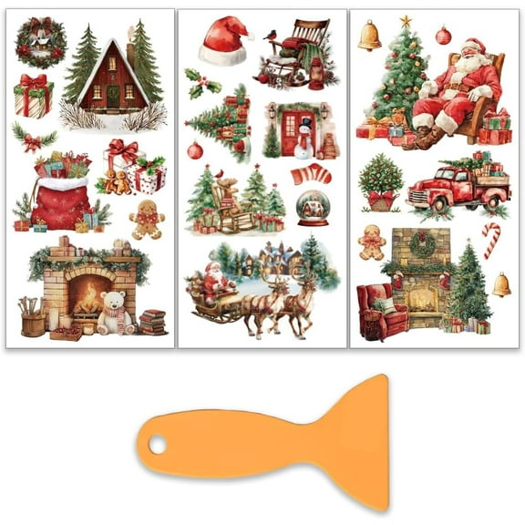 3Pcs/Set Christmas Scene Rub on Transfers for DIY Furniture and Craft 6x12 Inch Santa Claus Furniture Decal Transfer Stickers Rub on Decal with 1pc Scraper for DIY Scrapbook Window Home Decoration
