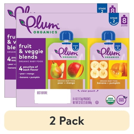 (2 pack) Plum Organics® Stage 2 Fruit & Veggie Blends Organic Baby Food Pear + Mango and Banana + Pumpkin 4oz Pouch-8-Pack