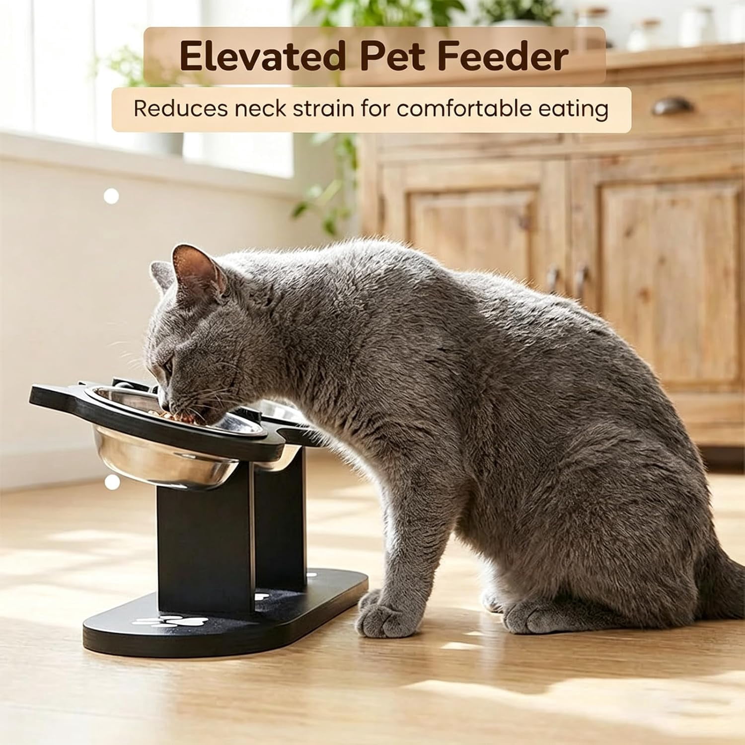 Anti-Slip Elevated 3-Bowl Pet Feeder Set, Raised Cat and Small Dog Food Water Bowls with Stand, No Spill Multi-Pet Feeding Station Water Bowl for Wet Dry Kibble, Neck Strain Relief (White)
